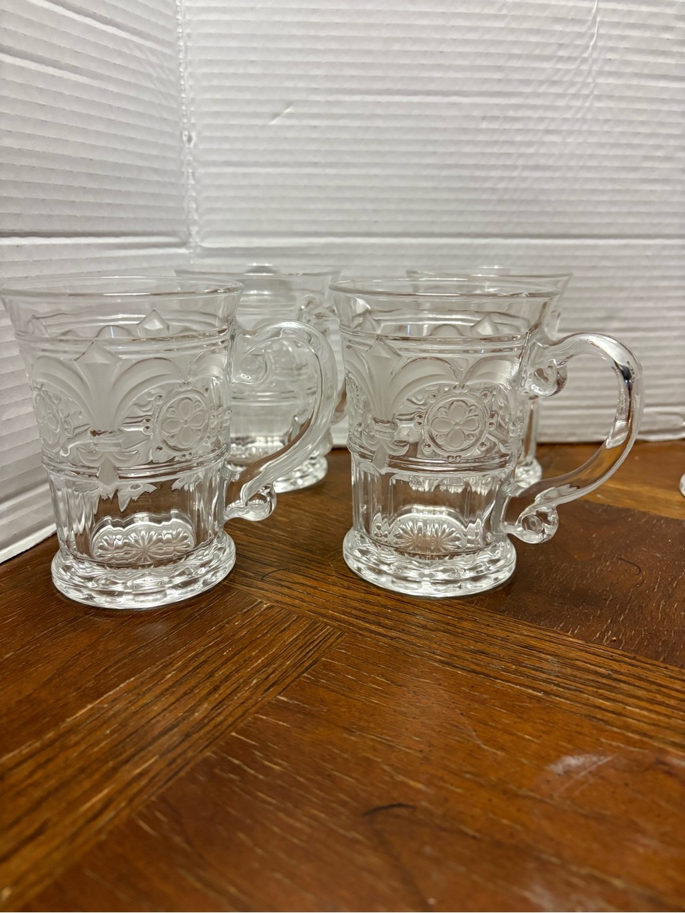 Fleur de Lis Collection Clear Pressed Glass Mugs with Embossed Fleur Motif X 4